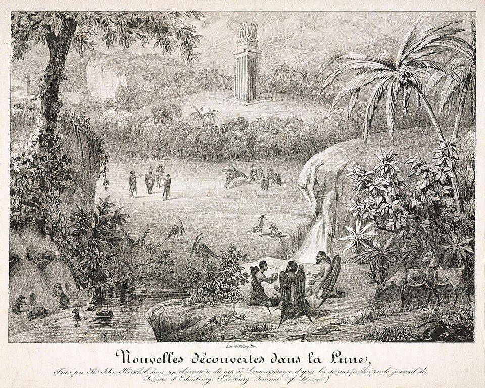 Historical illustration of an imagined lunar world from the Great Moon Hoax