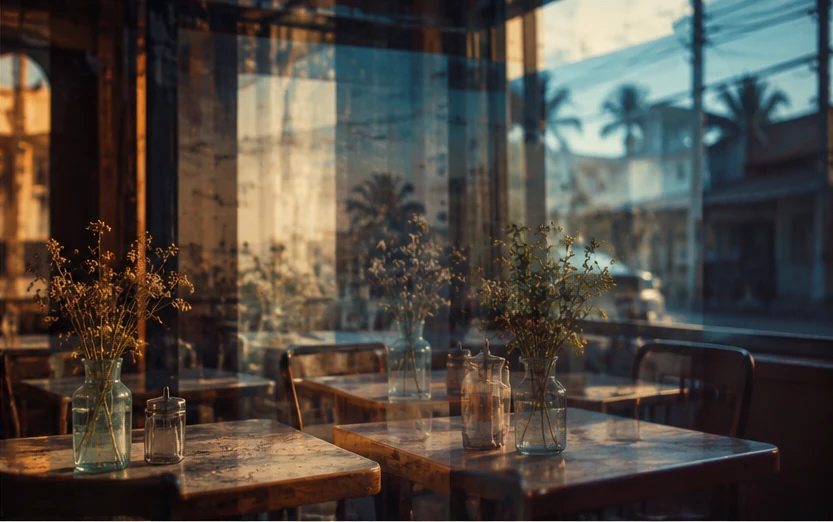Cafe with layered reflections suggesting familiarity and memory