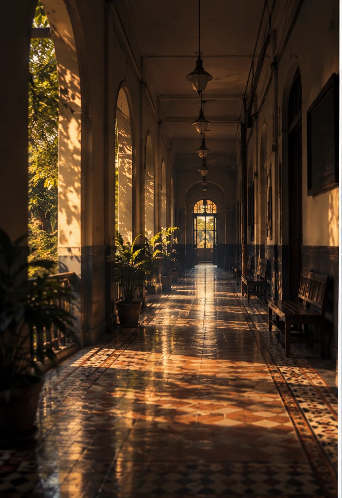 Sunlit heritage corridor with familiar repeating arches
