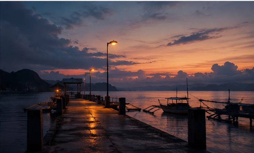Quiet waterfront at dusk with distant islands
