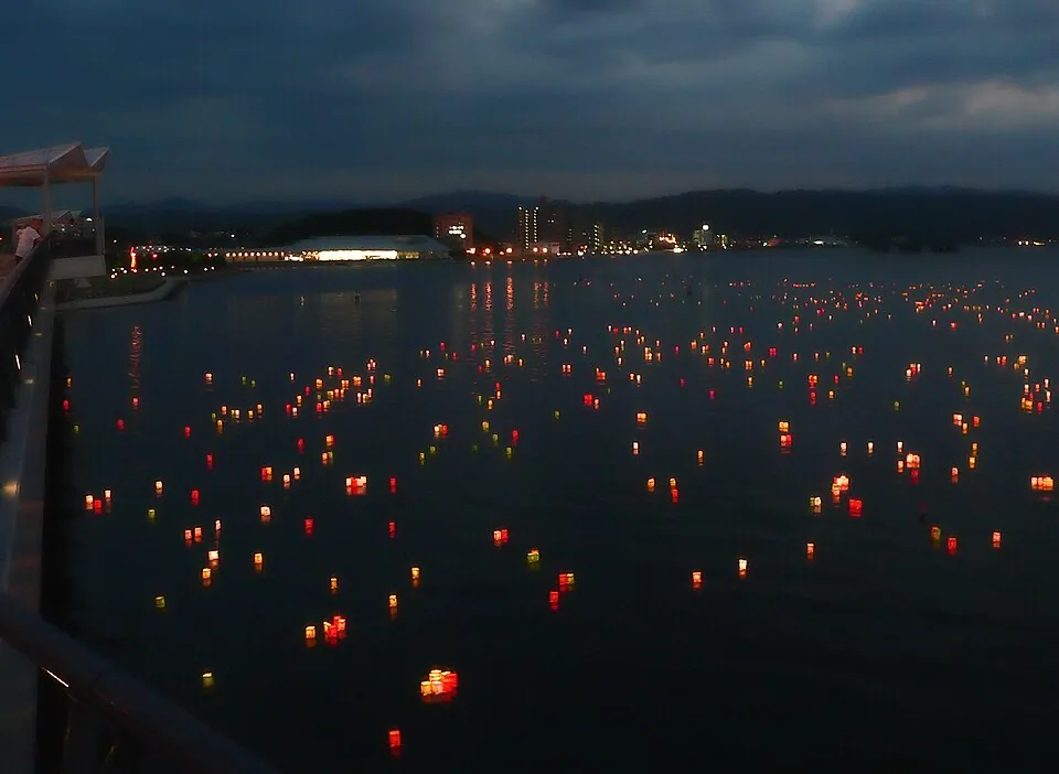 Lanterns associated with Japanese Obon observances. Source identification and credit to confirm.