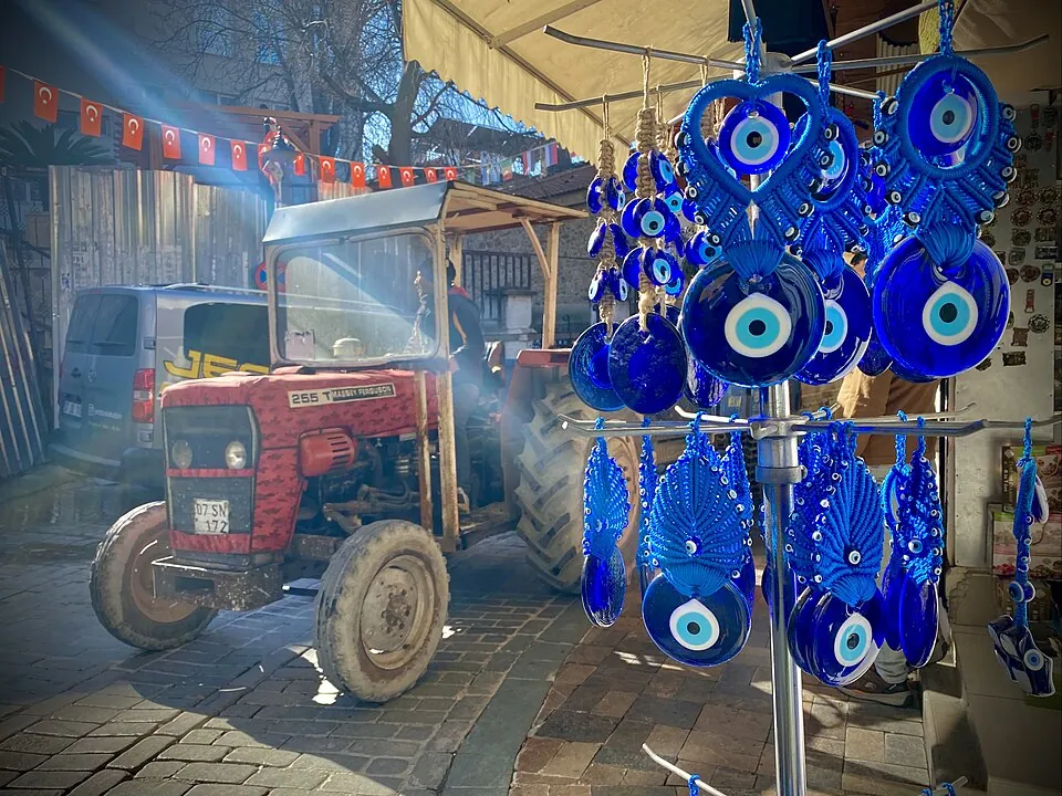 Nazar charms displayed in Kaleiçi, Antalya, Turkey, 2022.