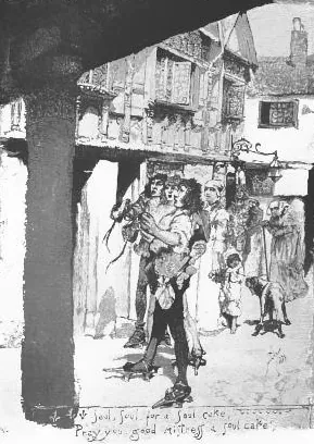 Historical illustration of Halloween souling, a custom distinct from modern trick-or-treating.
